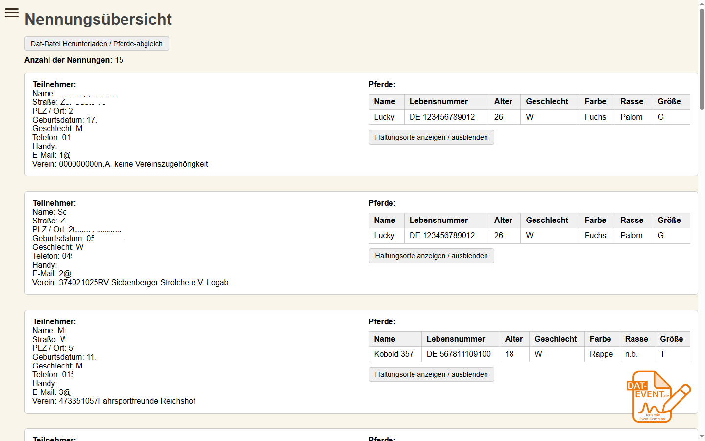 Backend Vorschau Nennübersicht