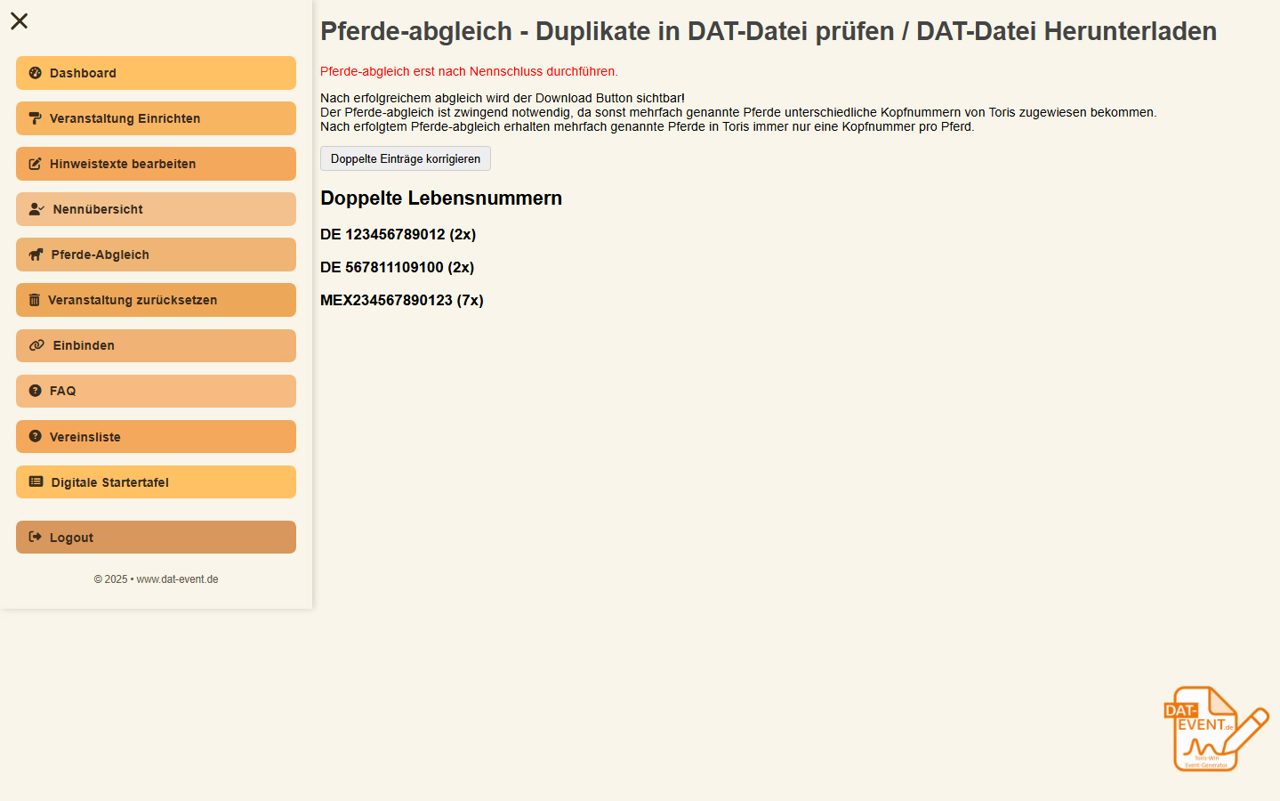 Backend Vorschau Pferdeabgleich